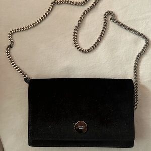 Jimmy Choo Handbag Black Suede Silver Sparkle Clutch with Long Chain Crossbody